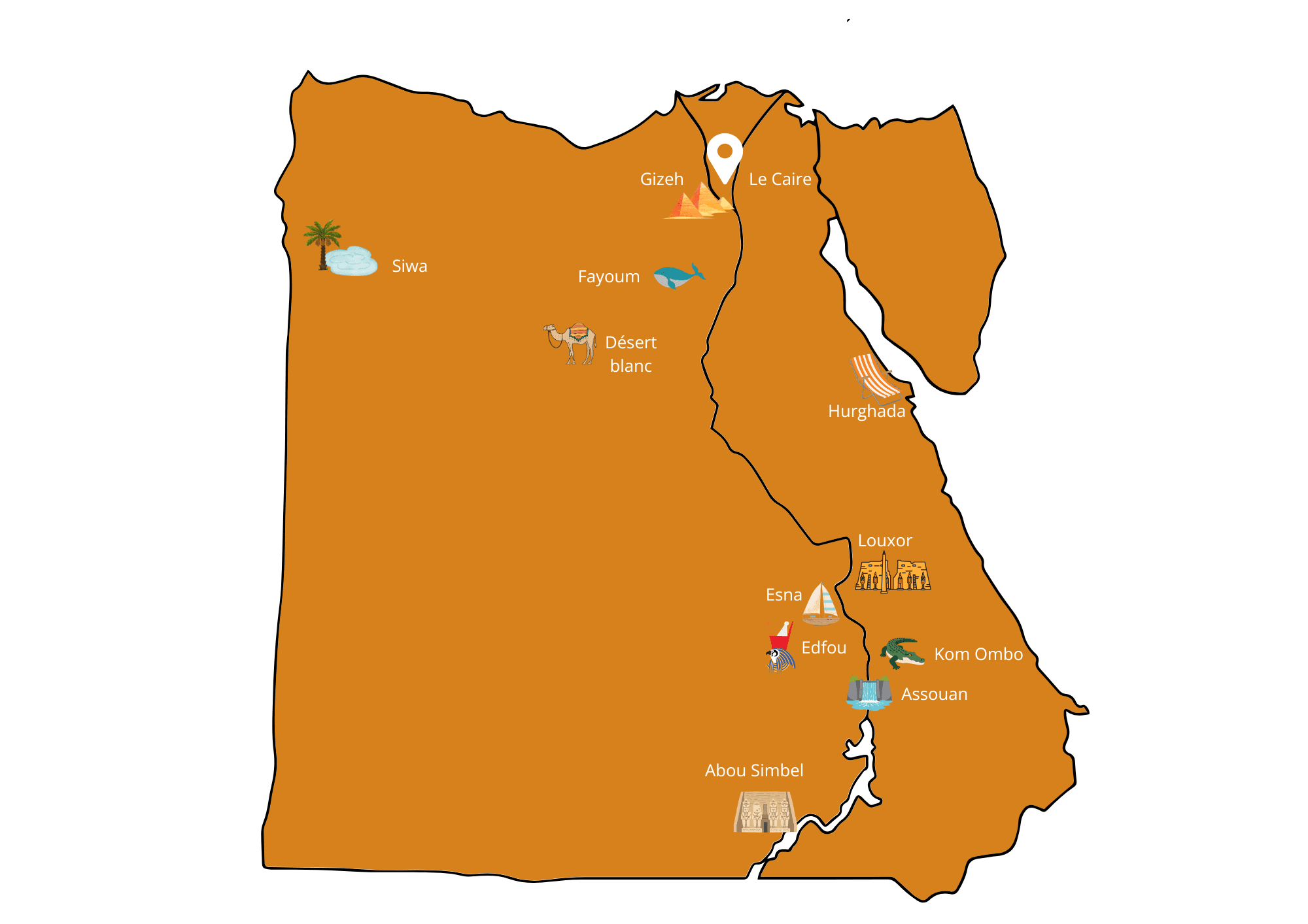 Carte des destinations Rendez-vous sur le Nil — Louxor, Assouan, Siwa, désert blanc, Le Caire
